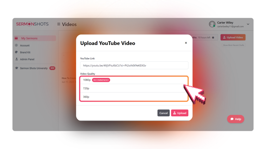 Graphic of sermon upload process via youtube link on sermon shots
