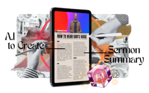 Graphic showing sermon shots sermon summary options on a tablet