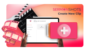 Graphic of hands holding a tablet showing the sermon shots interface