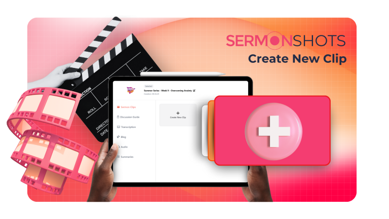 Graphic of hands holding a tablet showing the sermon shots interface