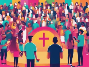 Color image of people on phones surrounding the church
