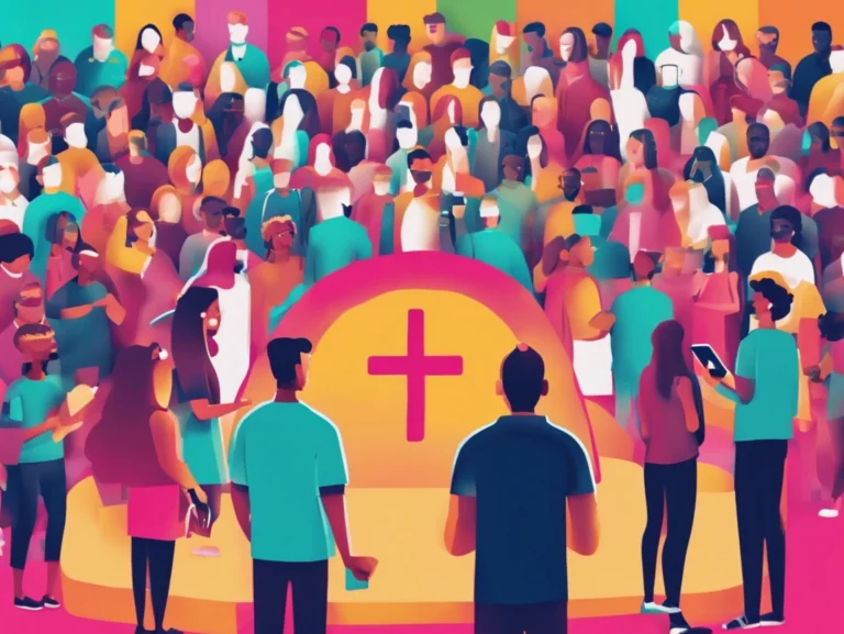 Color image of people on phones surrounding the church