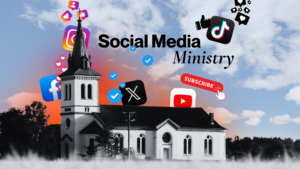 A church with the text social media ministry and various social media icons above it
