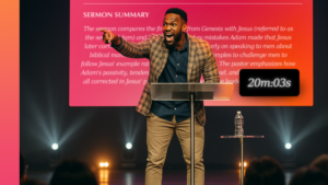 A pastor speaks with energy, while a timer on the side helps keep track of time and ensures the sermon stays short.