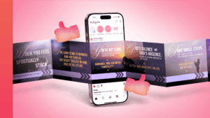 A smartphone showing an Instagram carousel with church-themed slides. Each slide has bold text and simple graphics, like Bible verses or sermon points.