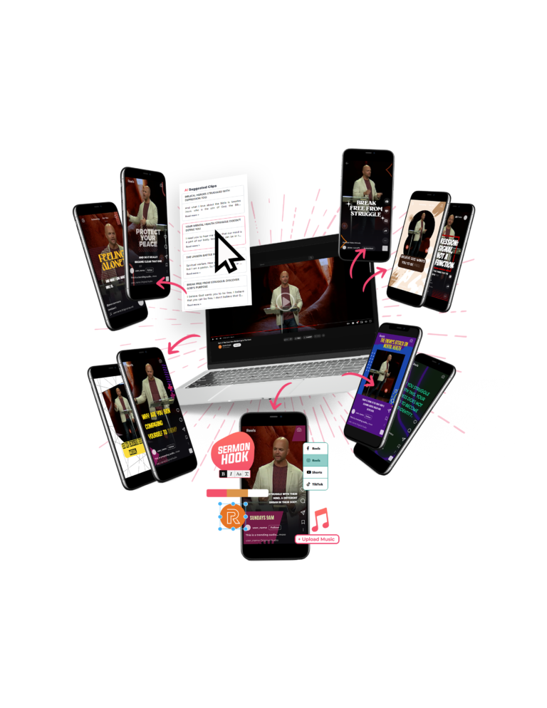 A laptop showing a sermon with phones surrounding it showing types of sermon clips